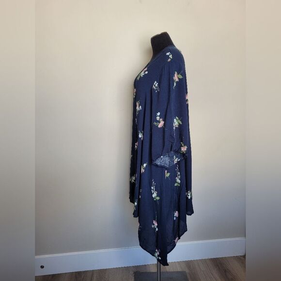 Hopely Navy Floral Kimono Duster Shrug Lightweight Bohemian Indie Gypsy Medium - Picture 11 of 12
